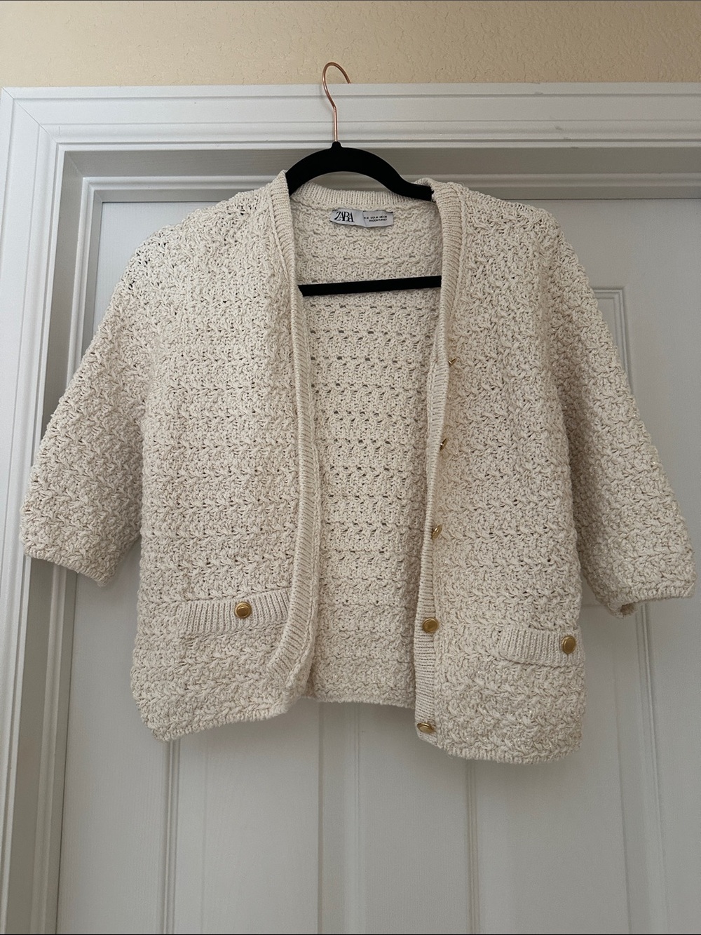 Zara Cream Chunky Knit Open Cardigan with Gold Buttons